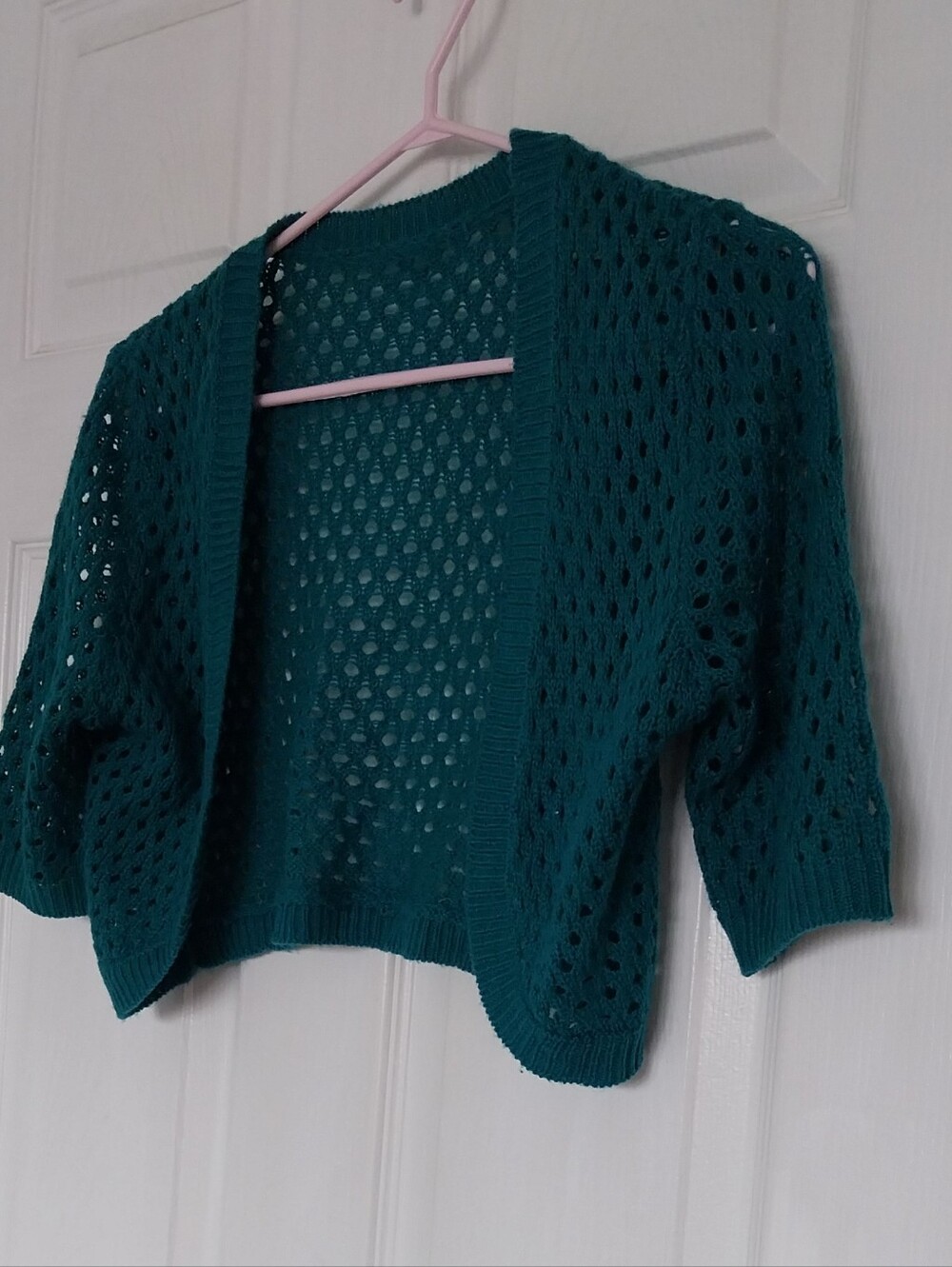 Teal Open-Knit Women’s Cropped Cardigan Sweater